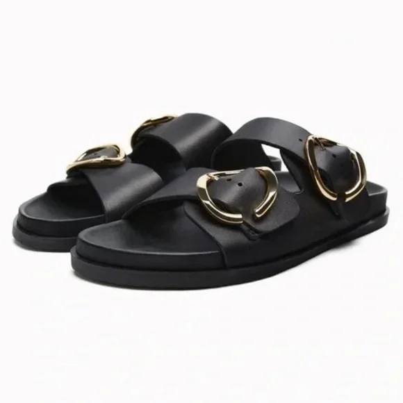 Zara Buckled Flat Leather Black Sandals Woman’s Size 9 - Picture 3 of 10